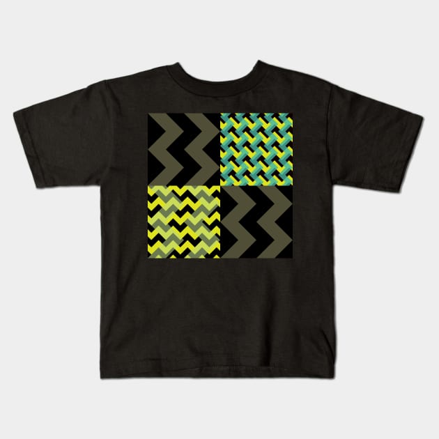 'Ziggy' - in Lime Green, Lemon Yellow, Teal and Aqua Green on a Black and Khaki base Kids T-Shirt by sleepingdogprod